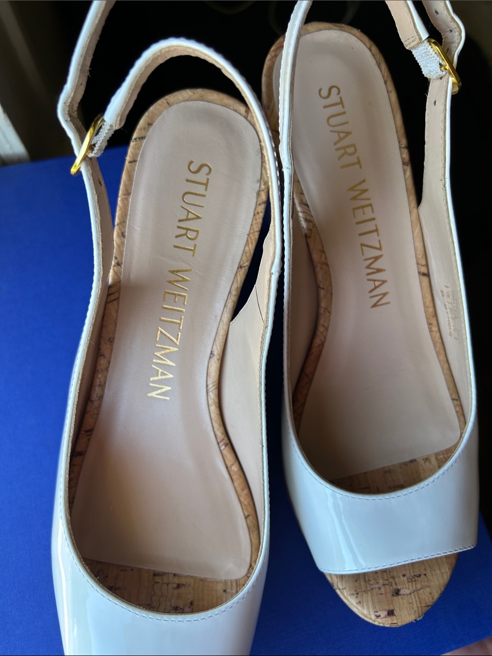 Stuart Weitzman White Patent Slingback Coated Cork Wedge - Picture 2 of 9
